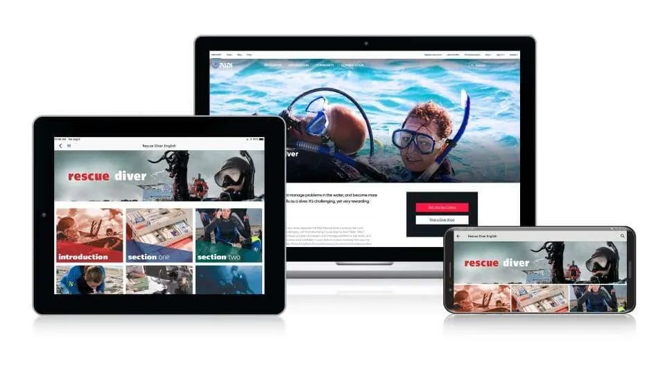 PADI eLearning auf Laptop, Tablet und Smartphone