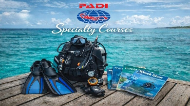 PADI Spezialkurse – Tauchausrüstung und Kursbücher auf einem Steg am Meer
